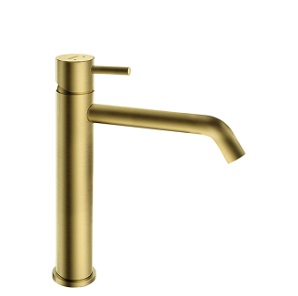 Złota bateria umywalkowa Ferro Ciriculus z cylindrycznym korpusem i cienkim uchwytem.