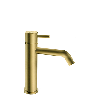 Złota bateria umywalkowa Ferro Ciriculus z cylindrycznym korpusem i cienkim uchwytem.